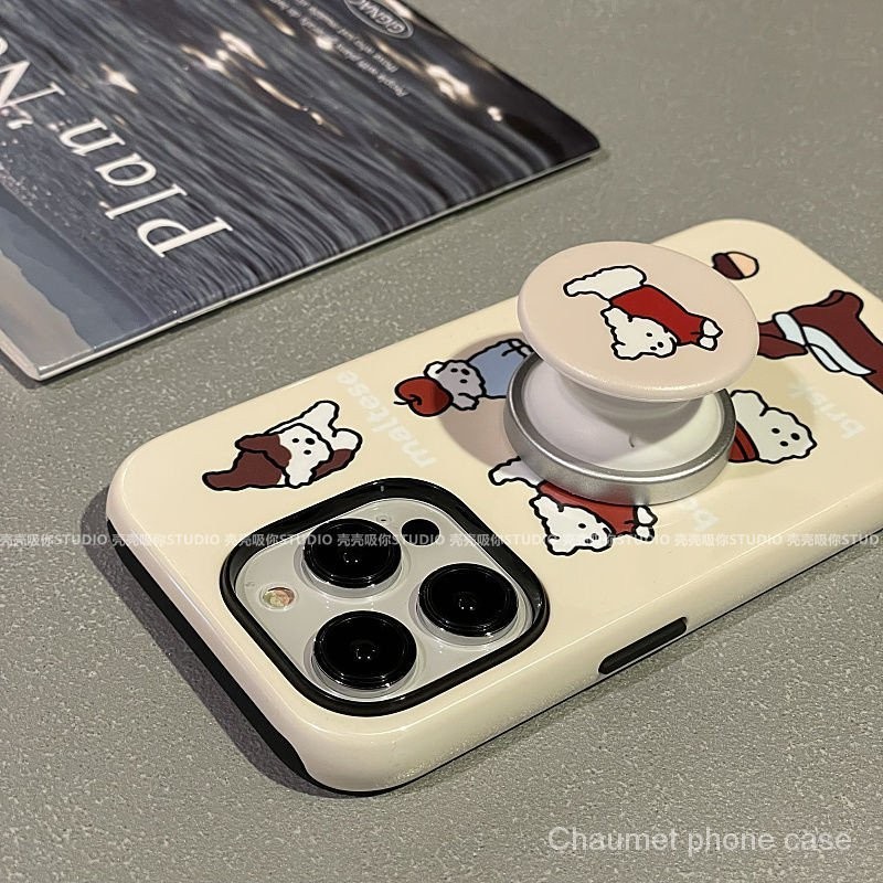 เคสโทรศัพท์มือถือแบบแข็ง ลายลูกสุนัขน่ารัก พร้อมขาตั้ง สําหรับ Iphone 15promax Apple 14 13 2 in 1 12