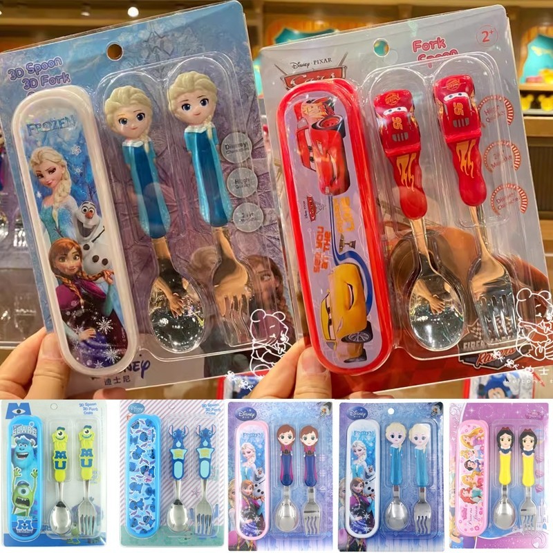 🔥พร้อมส่ง🐥Disney เด็กบนโต๊ะอาหารช้อนส้อมกล่องการ์ตูนบนโต๊ะอาหารเด็กใช้ Outing พกพาสะอาดกินช้อนส้อมผลไม้
