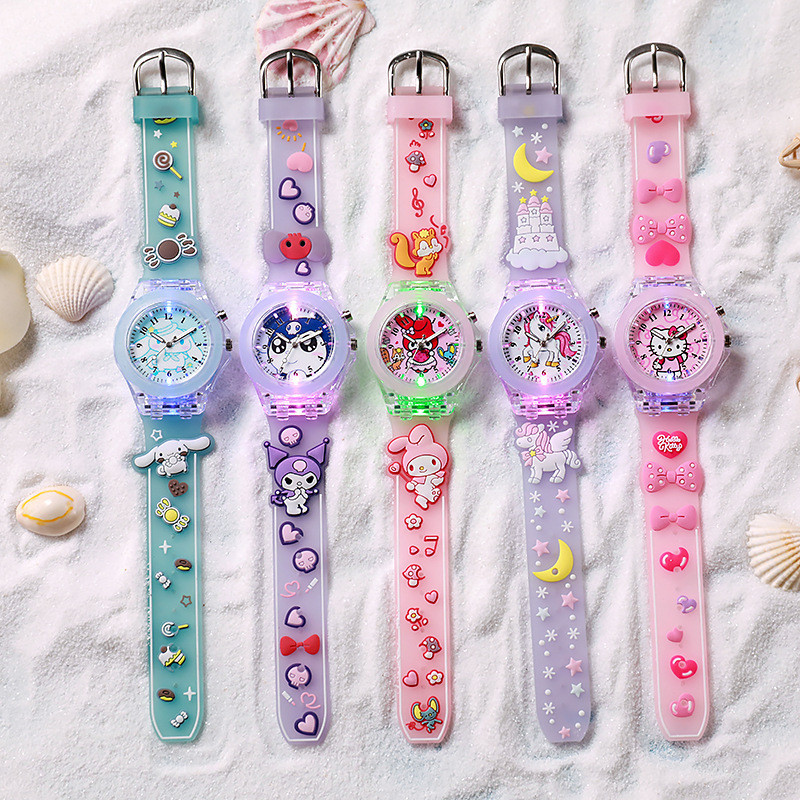 SANRIO นาฬิกาข้อมือควอตซ์ ลายการ์ตูน Kuromi Melody Cinnamoroll น่ารัก พร้อมกล่องสี สําหรับเด็กผู้หญิง