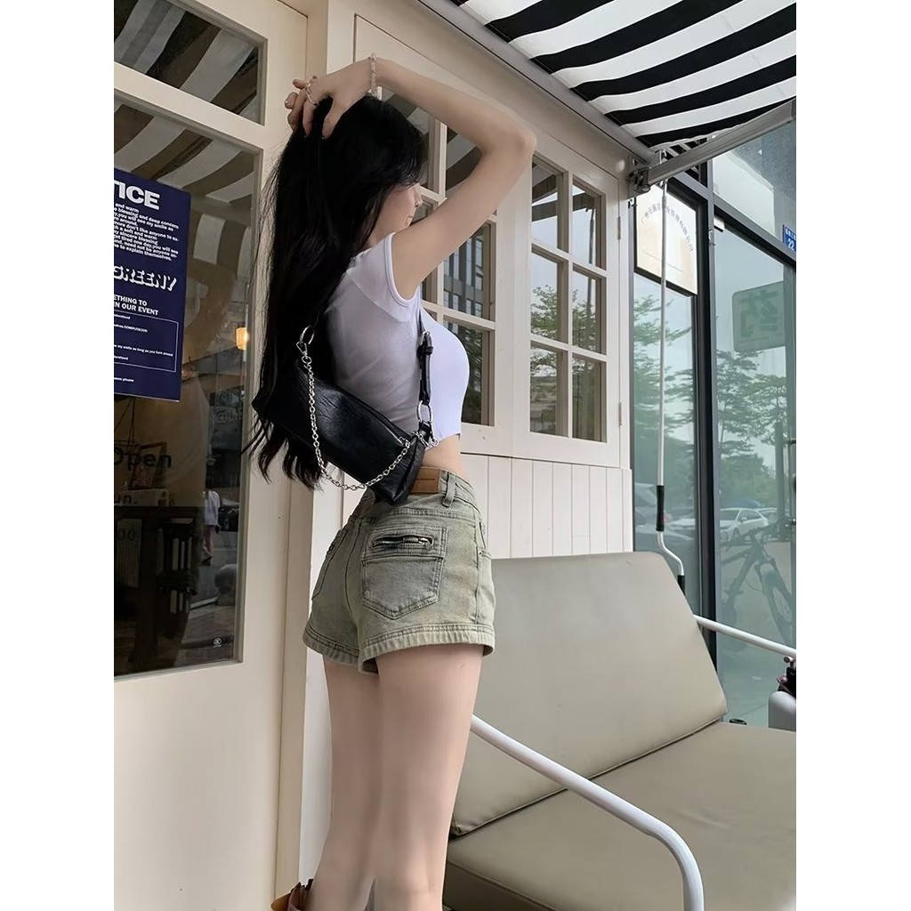 ใหม่ กางเกงยีนขาสั้น เอวสูง ขากว้าง ขนาดใหญ่ สไตล์เรโทร แฟชั่นอเมริกัน