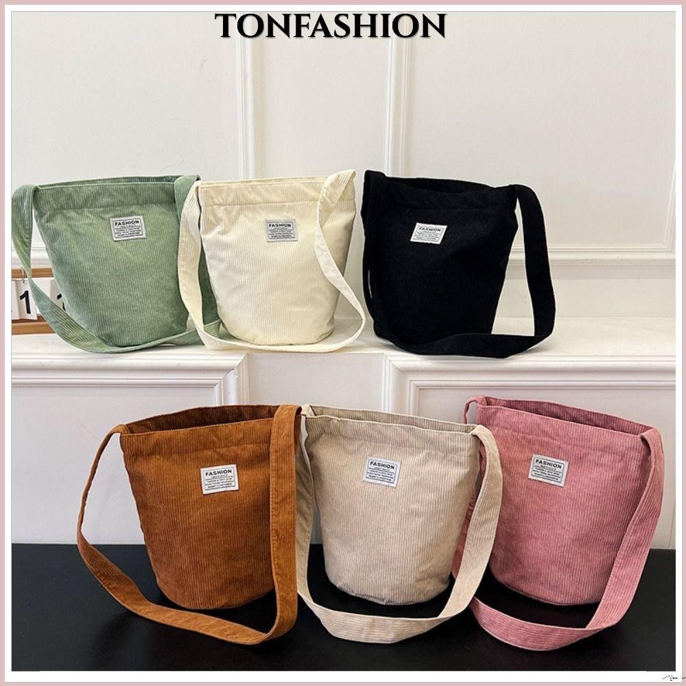 Tonfashion กระเป๋าสะพายข้าง ผ้าลูกฟูก ความจุขนาดใหญ่ กระเป๋าทรงถัง ลําลอง กระเป๋าโท้ท