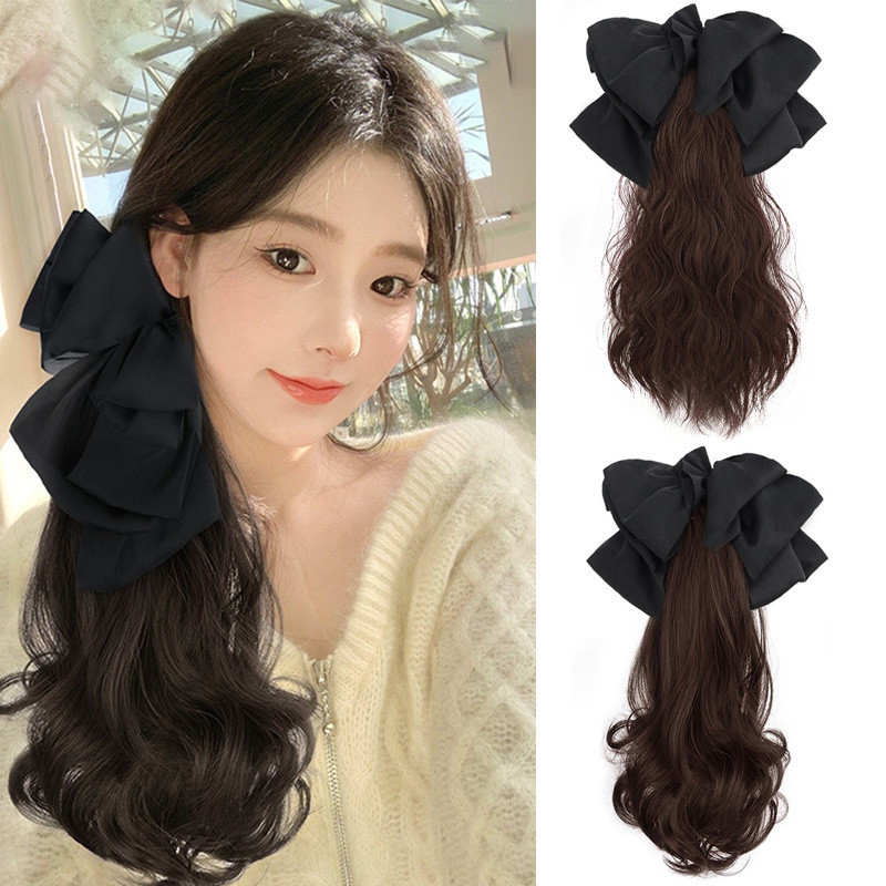 วิกผมหางม้าจําลอง แบบยาว ประดับโบว์ สไตล์เกาหลี ขนาด 35 ซม. สําหรับผู้หญิง