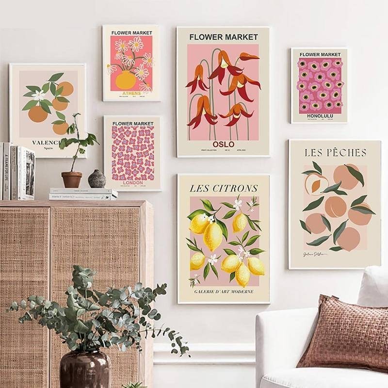 ผลไม้และดอกไม้ Market Retro Vintage 60s 70s โปสเตอร์ Cherry Lemon Banana สีส้ม Wall Art ผ้าใบพิมพ์ภาพผนังตกแต่งห้องครัว