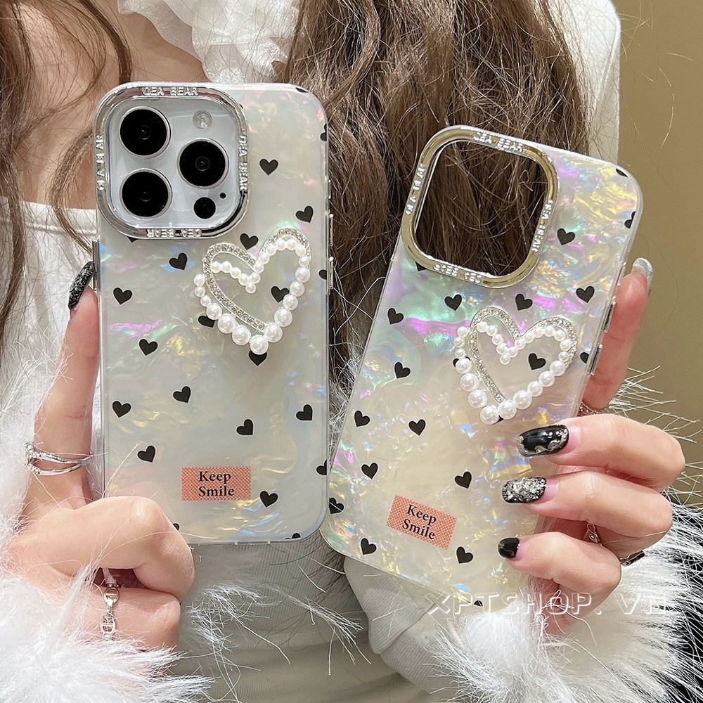 เคสโทรศัพท์มือถือ ป้องกันกระแทก ประดับไข่มุก สีดํา สําหรับ iPhone 15 Pro Max 15 Pro 15 14 13 12 11 Pro Max