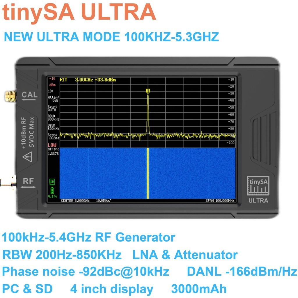 ต้นฉบับใหม่ tinySA ULTRA 100k-5.3GHz/7.3GHz เครื่องวิเคราะห์สเปกตรัมจิ๋วแบบมือถือพร้อมแบตเตอรี่ + จอแสดงผล TFT 4" + กล่องของขวัญ