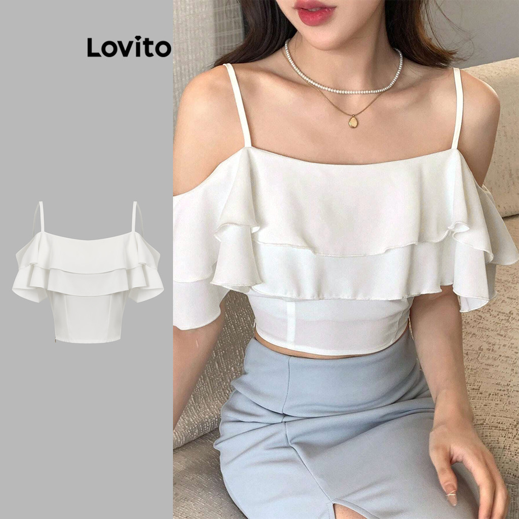 Lovito เสื้อสายเดี่ยวผู้หญิง แต่งระบาย สีพื้น สไตล์ลำลอง L73AD098