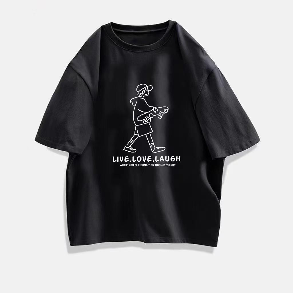 Basi เสื้อยืด ผ้าฝ้าย ไม่ยืดไม่ย้วย โอเวอร์ไซส์ ลาย"LIVE.LOVE"เสื้อยืดคอกลอมชายหญิงแบบนิ่มใส่สบาย สไตล์เกาหลี มินิมอล