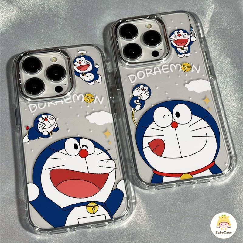 หรูหราชุบเลนส์โลหะน่ารัก Happy Doraemon Case ใช้งานร่วมกับ IPhone 13 12 15 11 14 Pro Max 7Plus XR 8Plus X XS Max 7 8 SE