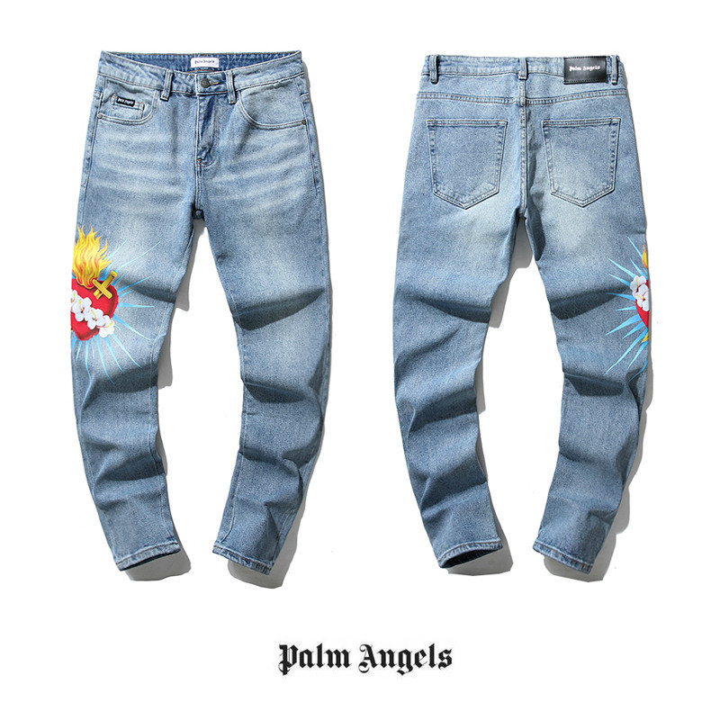 Palm Angels กางเกงยีนขายาว ผ้ายืด พิมพ์ลายหัวใจ สไตล์ฮิปฮอป สําหรับผู้ชาย 100%