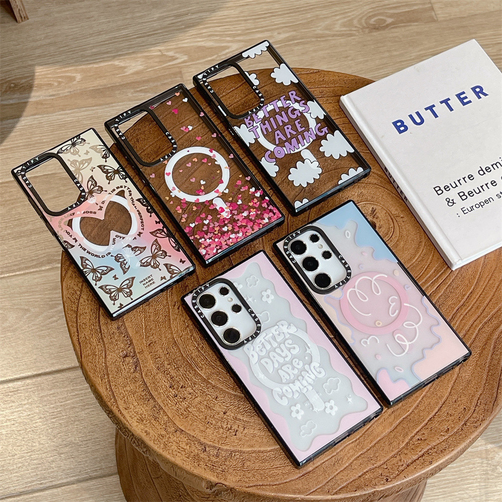 เคสโทรศัพท์มือถือแบบแข็ง ใส กันกระแทก ลายผีเสื้อ พร้อมกล่องชาร์จแม่เหล็ก คุณภาพสูง สําหรับ Samsung Galaxy S24 S23 S22 Ultra S24 Plus