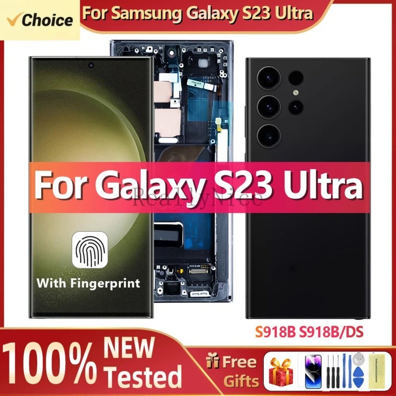 Super AMOLED S23 หน้าจอสัมผัสดิจิทัล Lcd พร้อมลายนิ้วมือ สําหรับ Samsung Galaxy S23 Ultra S918B DS