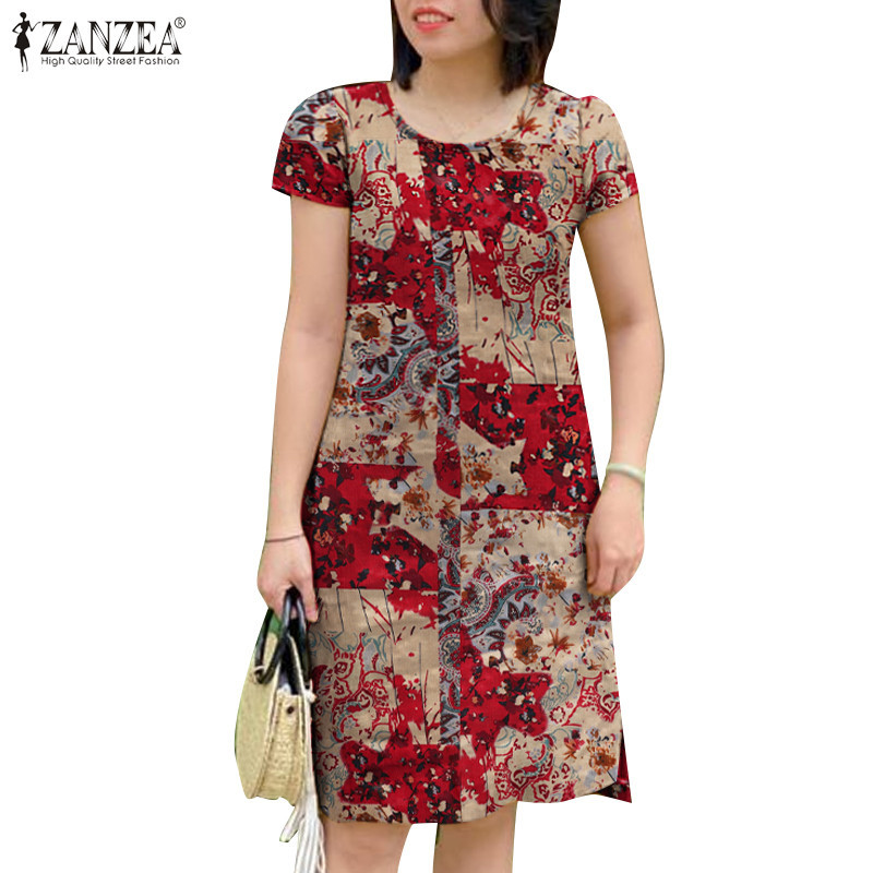 ZANZEA ซานเซีย ชุดเดรสแขนสั้นพิมพ์ลายเกาหลีสําหรับผู้หญิงทุกวัน