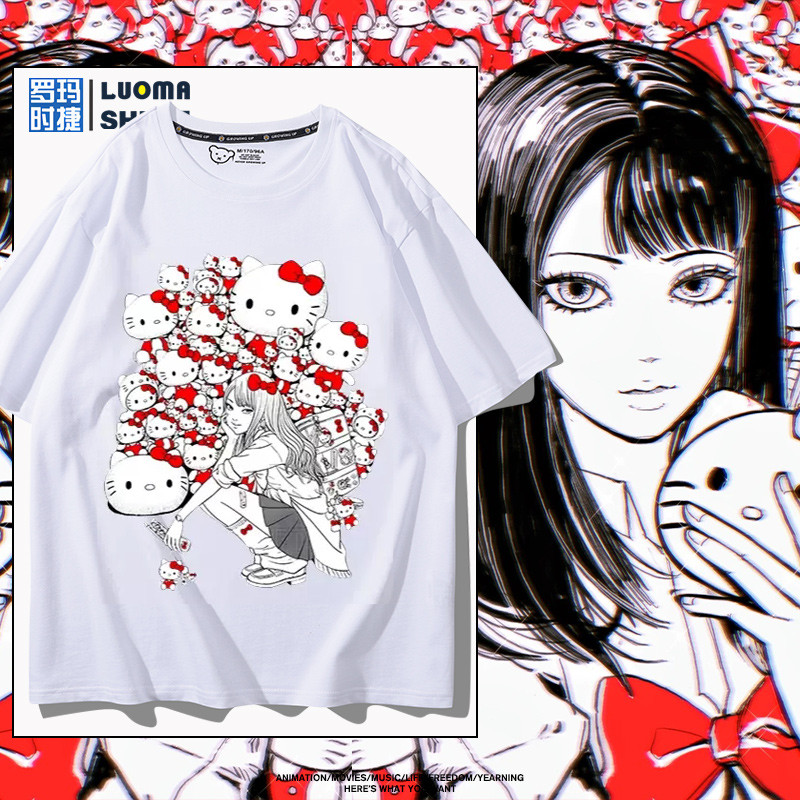 Ito Junji Joint Sanrio Hello Kitty และ Tomie Linked Pure Cotton สองมิติแขนสั้นผู้ชายผู้หญิงเสื้อยืด