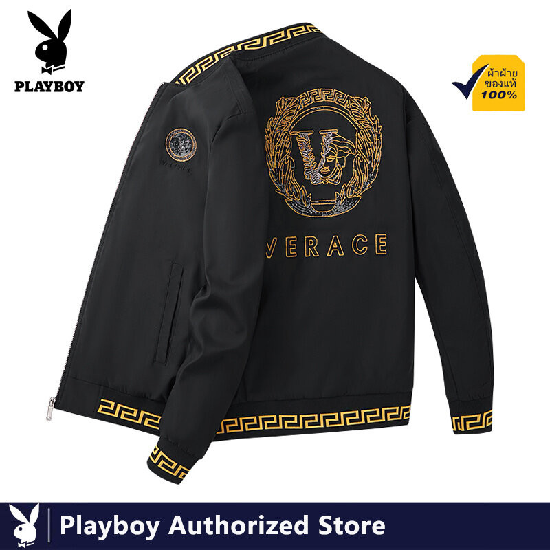 Playboy Mens Jacket Spring Letter Heavy เย็บปักถักร้อยผ้าฝ้ายแท้ส่วนบุคคลชุดเบสบอล