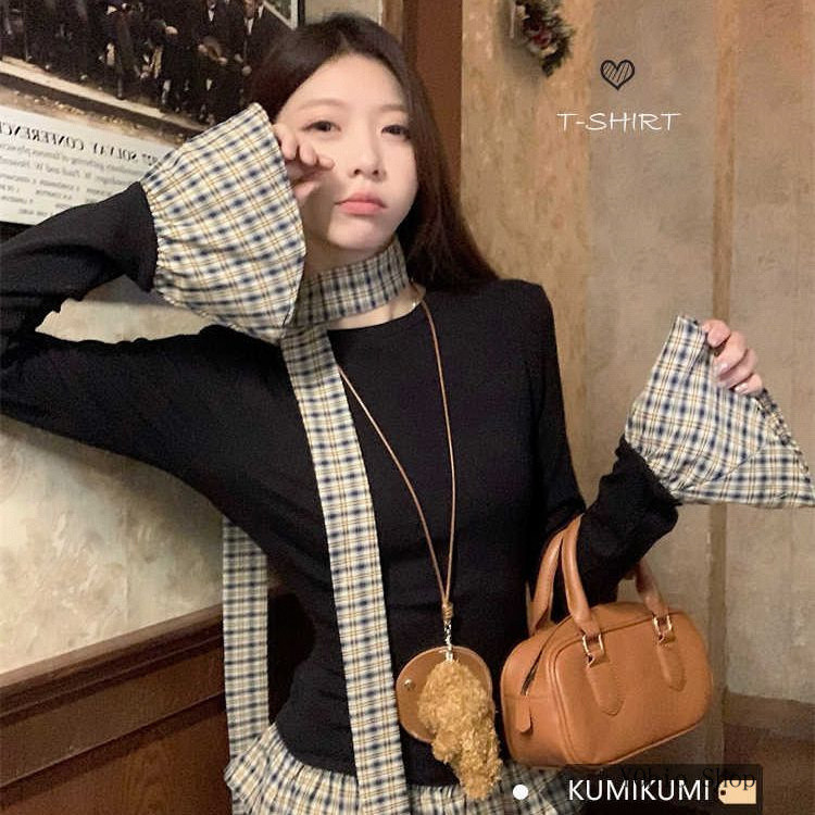 เสื้อยืดแขนยาวฐานสีดําเย็บลายสก๊อตฤดูใบไม้ร่วงของผู้หญิง