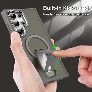 สําหรับ Samsung Galaxy S26 S25 S24 Plus S26 Ultra S25FE S24FE โลหะหรูหราเลนส์ Flip Bracket เคสโทรศัพท์แม่เหล็กโปร่งแสง Matte กันกระแทก Hard อะคริลิคฝาครอบ