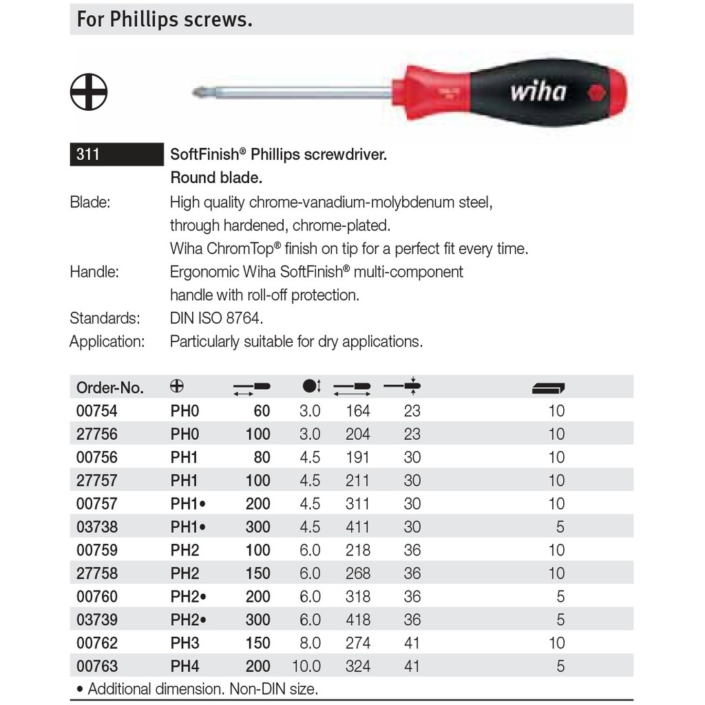 Wiha SoftFinish ไขควงปากแฉก PH2 ก้านยาว150mm รุ่น 311SF PH2x150