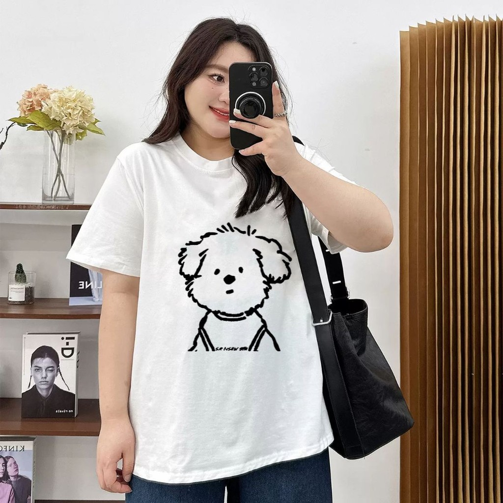 Teddy Tee เสื้อยืดสาวอวบ  ชุดสาวอวบ คอกลม ไซส์ใหญ่ สวมใส่สบาย ผ้าฝ้าย100% ไม่หดตัว ลาย “หมาไลน์”