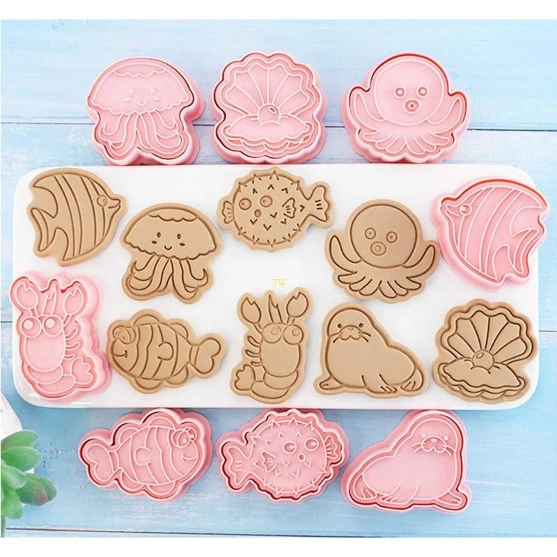 Yu 8 ชิ้นเครื่องตัดคุกกี้ชุดเครื่องตัดบิสกิตแม่พิมพ์คุกกี้วัสดุพลาสติก Marine Life Shape สําหรับเด็ก Party Supplies Fa