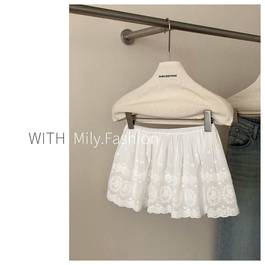 Milyfashion ปักชั้นก้นผ้าม่านกระโปรงผ้าม่านสีขาวลูกไม้ไม่สม่ําเสมอมินิกระโปรงสั้นSlimmerดูแฟชั่นเอวยางยืด