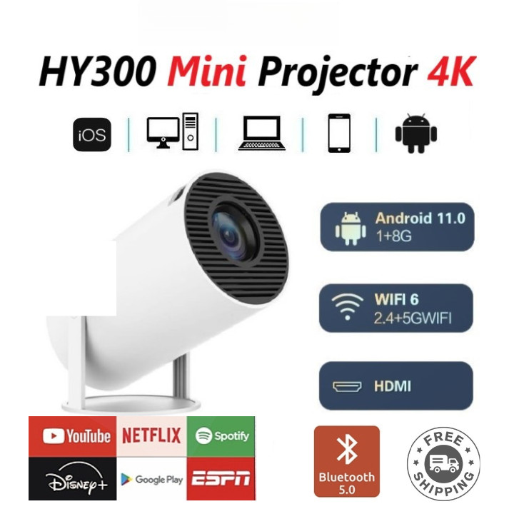 Hy300 โปรเจคเตอร์ Android 11.0 โปรเจคเตอร์แบบพกพา Ultra HD 1080P LCD สมาร์ท Mini Projecter สนับสนุน 