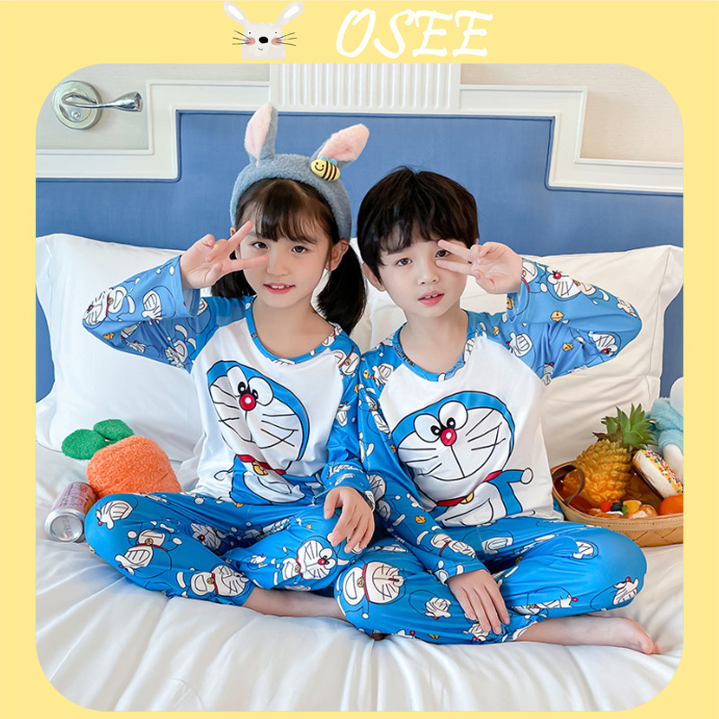 [Osee] ชุดนอนแขนยาว ผ้าเรยอน ลายการ์ตูนโดราเอมอน ขนาดกลาง และขนาดใหญ่ 95-155 ซม. สําหรับเด็กผู้ชาย และเด็กผู้หญิง