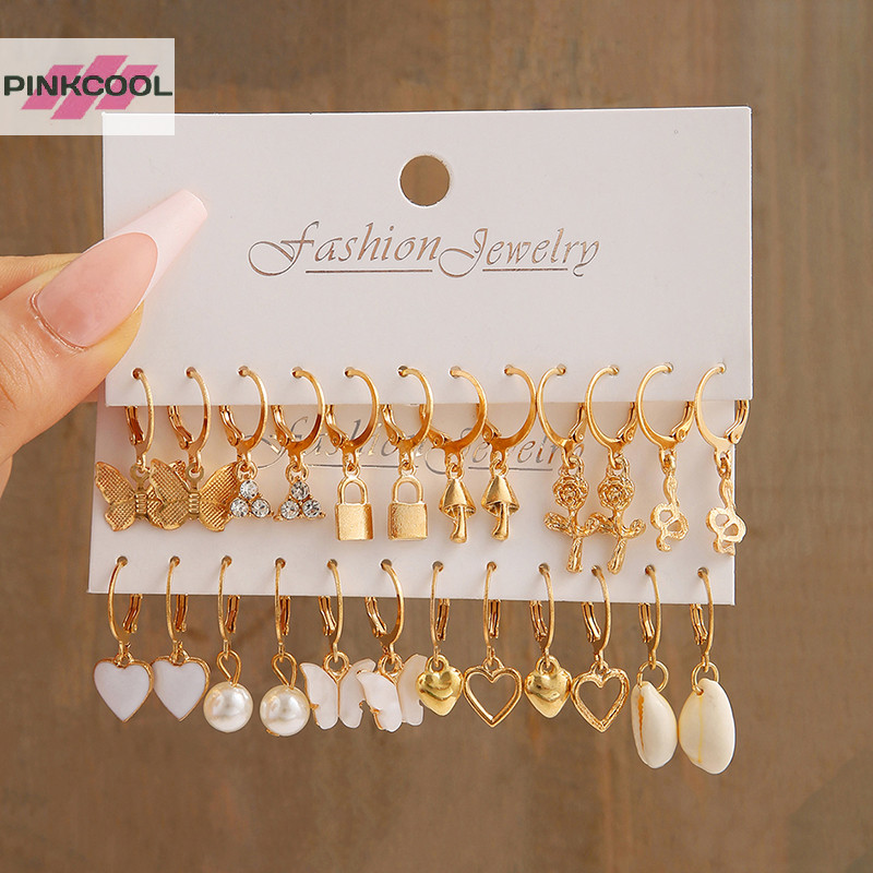 PINKCOOL ใหม่เครื่องประดับหัวใจผู้หญิง Pearl ล็อคต่างหูบุคลิกภาพความคิดสร้างสรรค์ชุดต่างหูอุปกรณ์เสริมแฟชั่น HOT