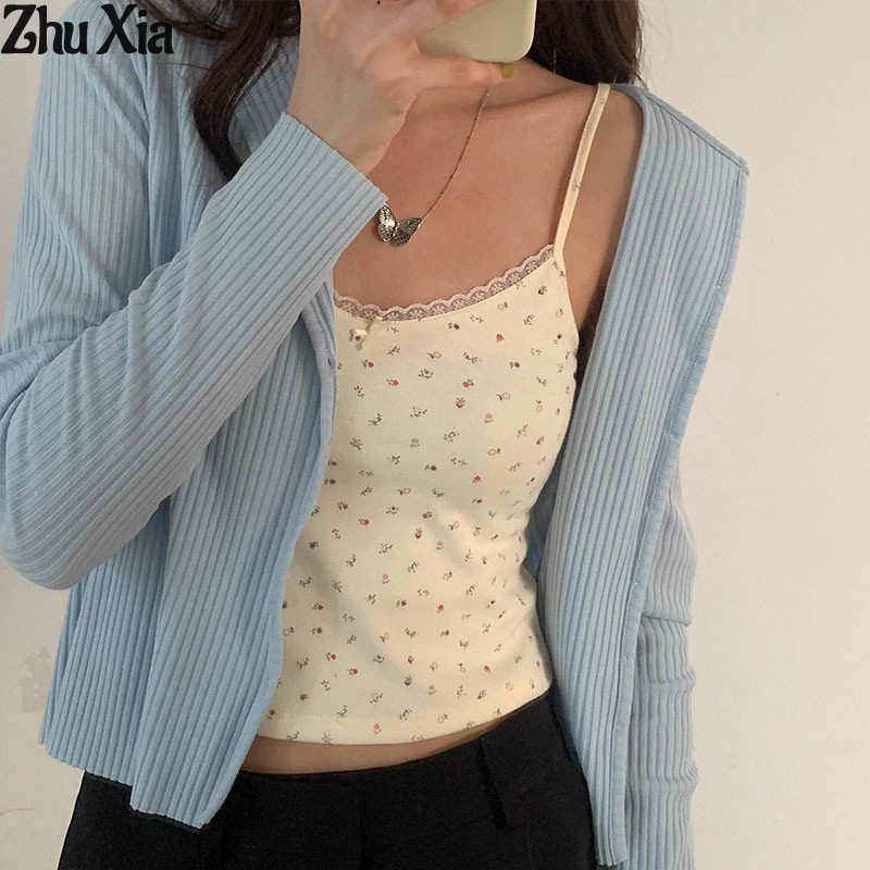 เสื้อสายเดี่ยว แต่งลูกไม้ ลายดอกไม้ สวยงาม สไตล์เรโทร สําหรับผู้หญิง และนักเรียน