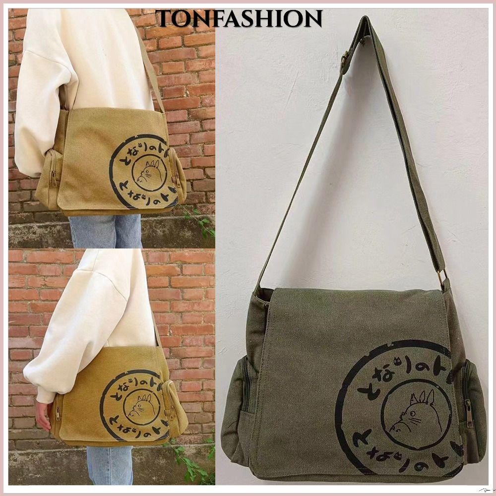 Tonfashion กระเป๋าสะพายไหล่ กระเป๋าถือ ผ้าแคนวาส ลายการ์ตูนโตโตโร่ ทรงสี่เหลี่ยม จุของได้เยอะ สําหรับสตรี