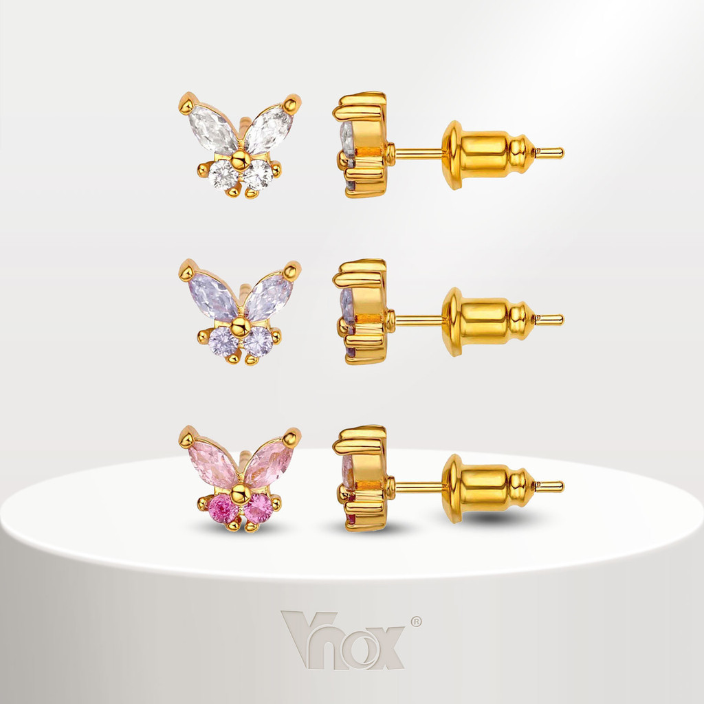 Vnox ต่างหูสตั๊ด ชุบทอง 18K จี้รูปผีเสื้อ ประดับเพทาย สีขาว สีชมพู สําหรับผู้หญิง