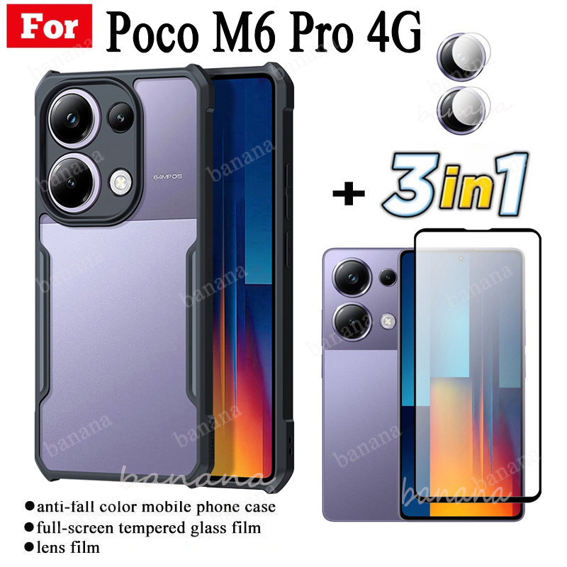 3 IN 1 Poco M6 Pro เคสโทรศัพท์มือถือ กันตก สําหรับ Poco M6Pro 4G ฟิล์มกระจกนิรภัย + ฟิล์มเลนส์