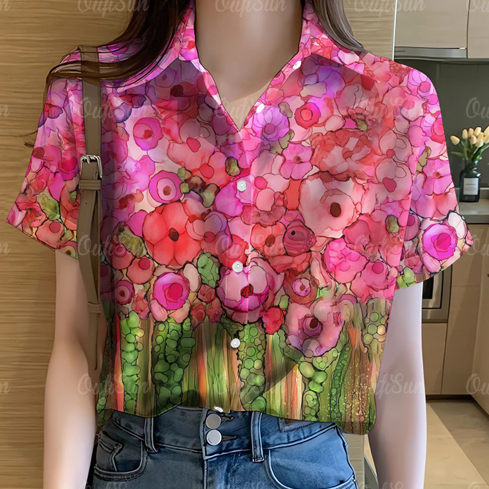 เสื้อสงกรานต์2567 เสื้อฮาวายผู้หญิง เสื้อเชิ้ตชายและหญิงเกาหลีทรงหลวมระบายอากาศได้ดี ลายดอกไม้มีสไตล์