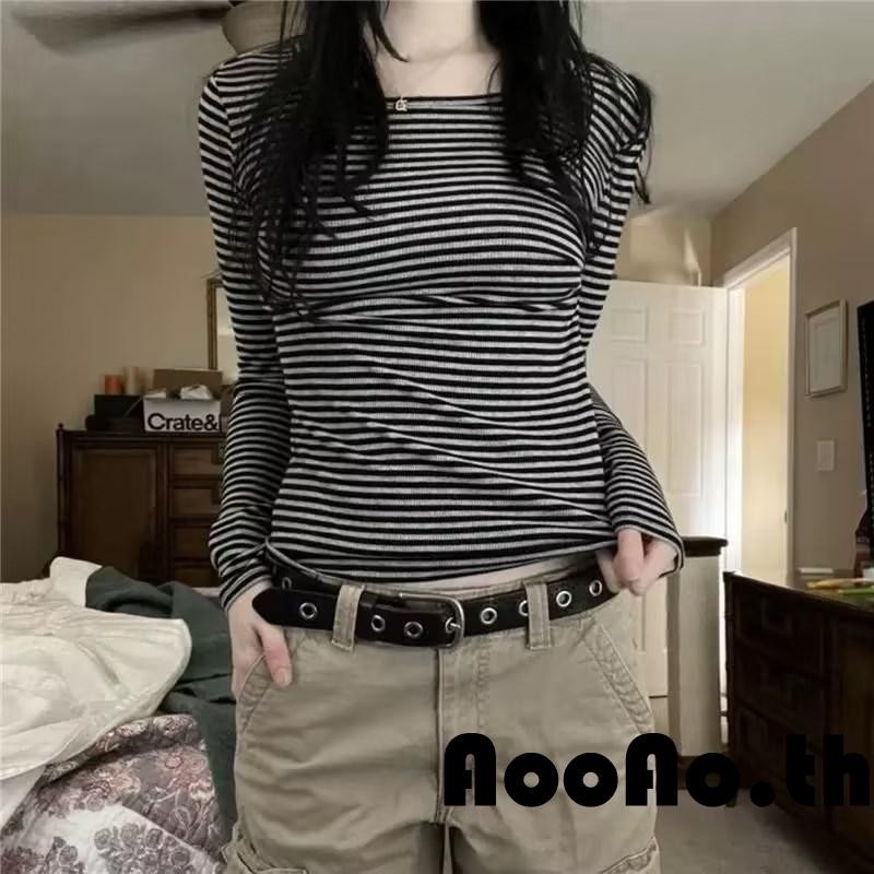 Aooao- เสื้อยืดแขนยาว คอกลม ลายทาง สําหรับผู้หญิง