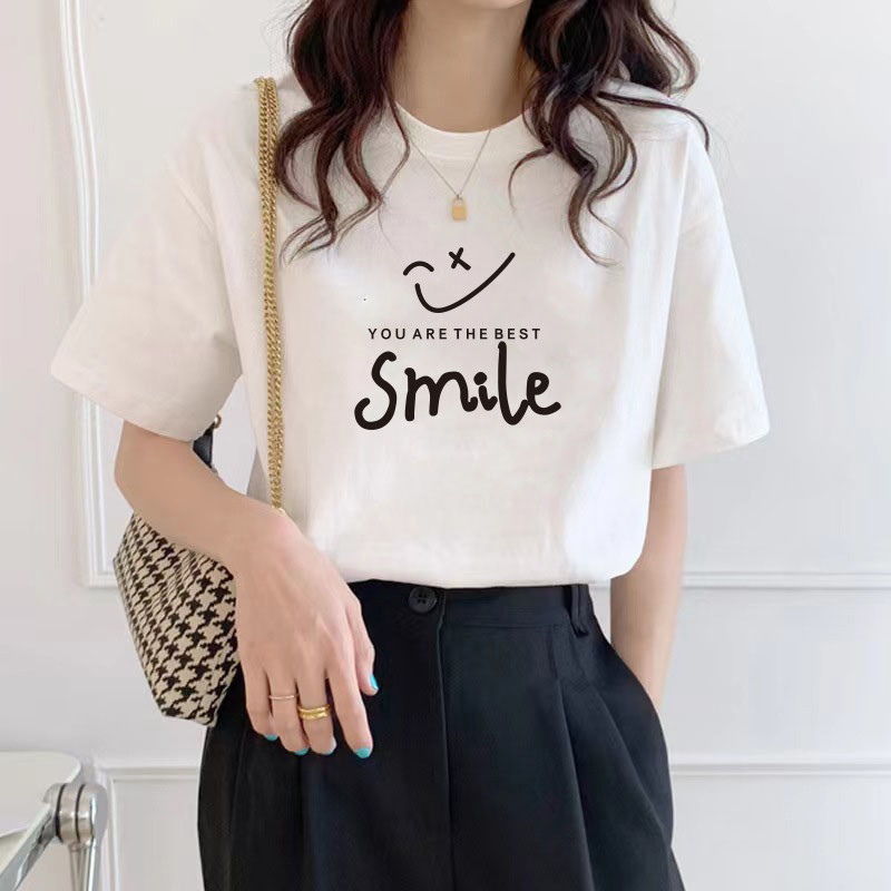 เสื้อยืดผู้หญิง เสื้อผ้า แขนสั้นเสื้อยืดสีขาวผู้หญิง ฤดูร้อนใหม่ tshirt ผู้หญิงรอบคอหลวมด้านบน แฟชั่นสุภาพสตรี t เสื้อ 女生衣服