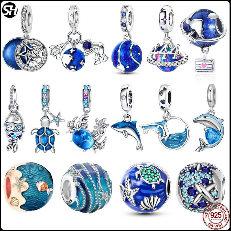 ใหม่ 925 เงินสเตอร์ลิงสีฟ้านักบินอวกาศ planet Ocean Dolphin Charm ลูกปัด Fit Original Pandora สร้อยข้อมือผู้หญิงเครื่องประดับ DIY ของขวัญ