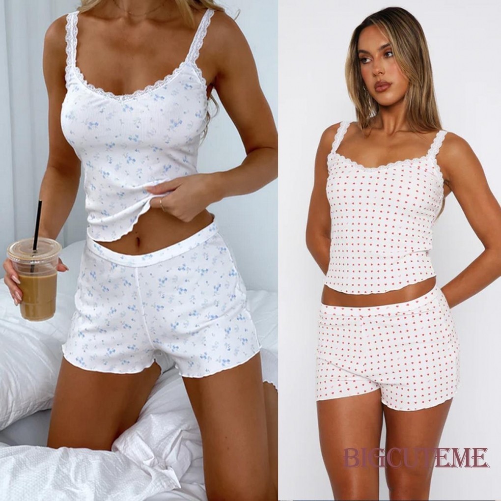 []- ชุดนอน แขนกุด แต่งลูกไม้ และกางเกงขาสั้น ลายดอกไม้ สําหรับผู้หญิง 2 ชิ้น