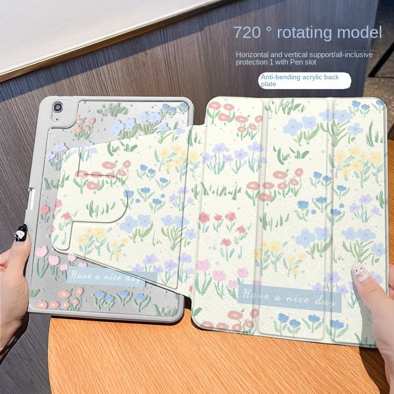 [iPad Air 4] เคสอะคริลิค ลายดอกไม้ หลากสี พร้อมช่องใส่ปากกา สําหรับ iPad Air 5 10.9 Pro 11 10th 9th 8th Gen 7th 10.2 Mini 6 Mini4 5 360 ° เคสหมุน