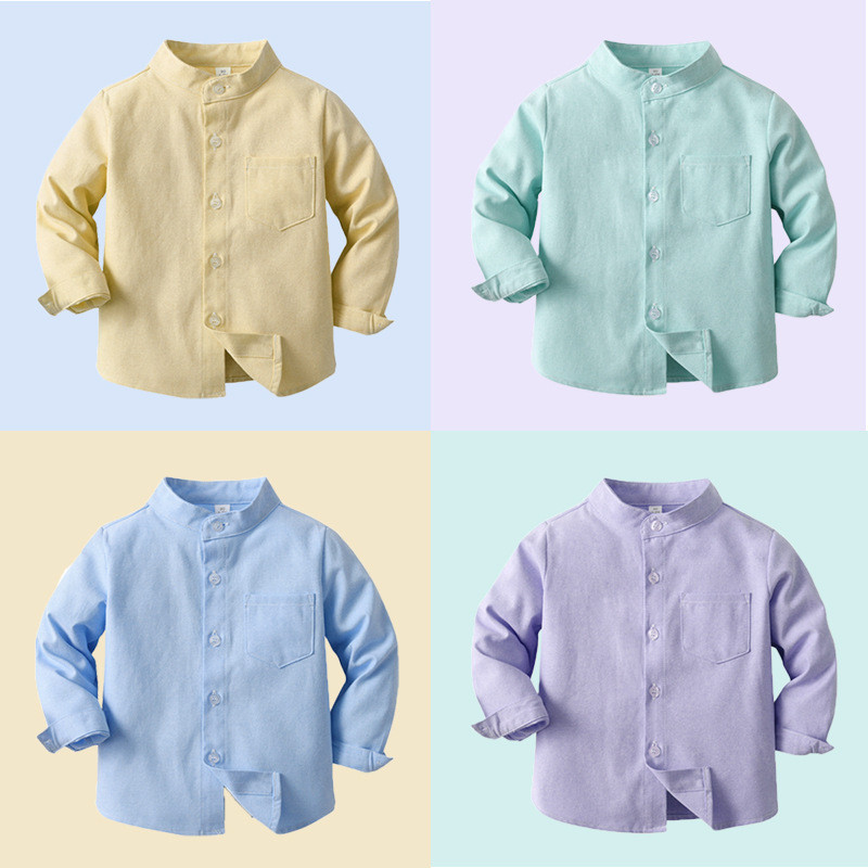 เสื้อเชิ้ตแขนยาว คอปกตั้ง สีพื้น แฟชั่นฤดูใบไม้ผลิ และฤดูใบไม้ร่วง สไตล์เกาหลี สําหรับเด็กผู้ชาย และผู้หญิง