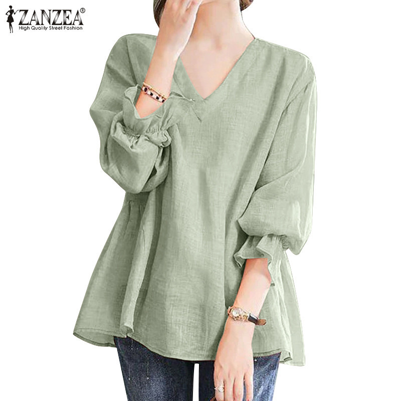Zanzea เสื้อเบลาส์ลําลอง คอวี แขนระบาย ทรงหลวม สีพื้น สไตล์เกาหลี สําหรับผู้หญิง