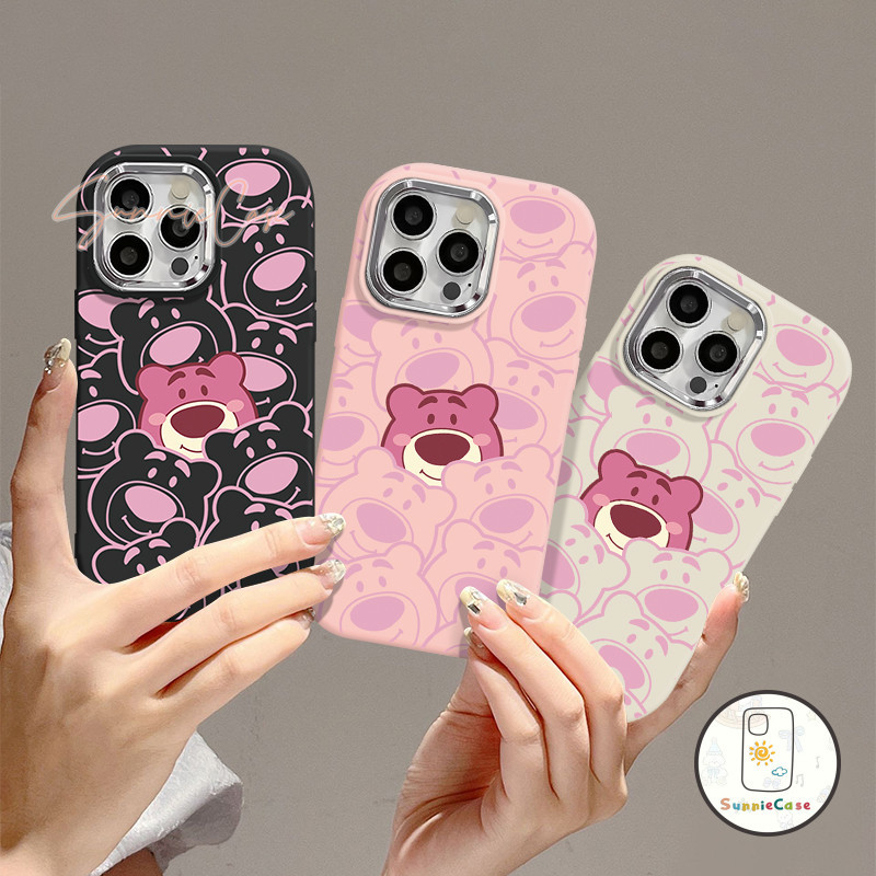 การ์ตูนสตรอเบอร์รี่หมี Lotso นุ่มชุบโลหะเลนส์กรณีน่ารักเข้ากันได้กับ iPhone 11 15 13 12 14 Pro Max 7 8 Plus X XR XS Max