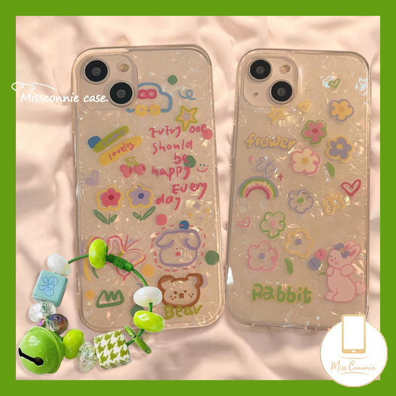 เคสโทรศัพท์มือถือ ลายกระดิ่ง กระต่าย หมี หมี Doodle น่ารัก พร้อมสายคล้องมือ ประดับมุก แวววาว หลากสี สําหรับ IPhone 11 14 15 13 12 Pro Max 7Plus XR XS Max X 6 7 6s 8 15 Plus SE 2020