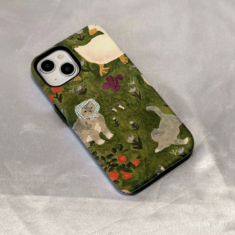 เคสโทรศัพท์มือถือ กันกระแทก ลายภาพวาดสีน้ํามัน รูปเป็ด แมว สีเขียว สไตล์เรโทร สําหรับ iPhone x xr xsmax 11promax 13promax 14promax 15promax 7 8 plus 14 15 plus 13pro 2 in 1
