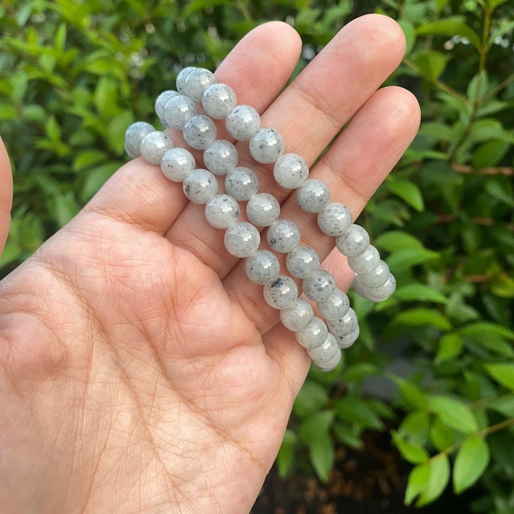 8JA-BM สร้อยข้อมือหยกเจไดต์แท้ธรรมชาติ หยกขาวน้ำหมึกจีน เนื้อวุ้น ขนาด8มิล