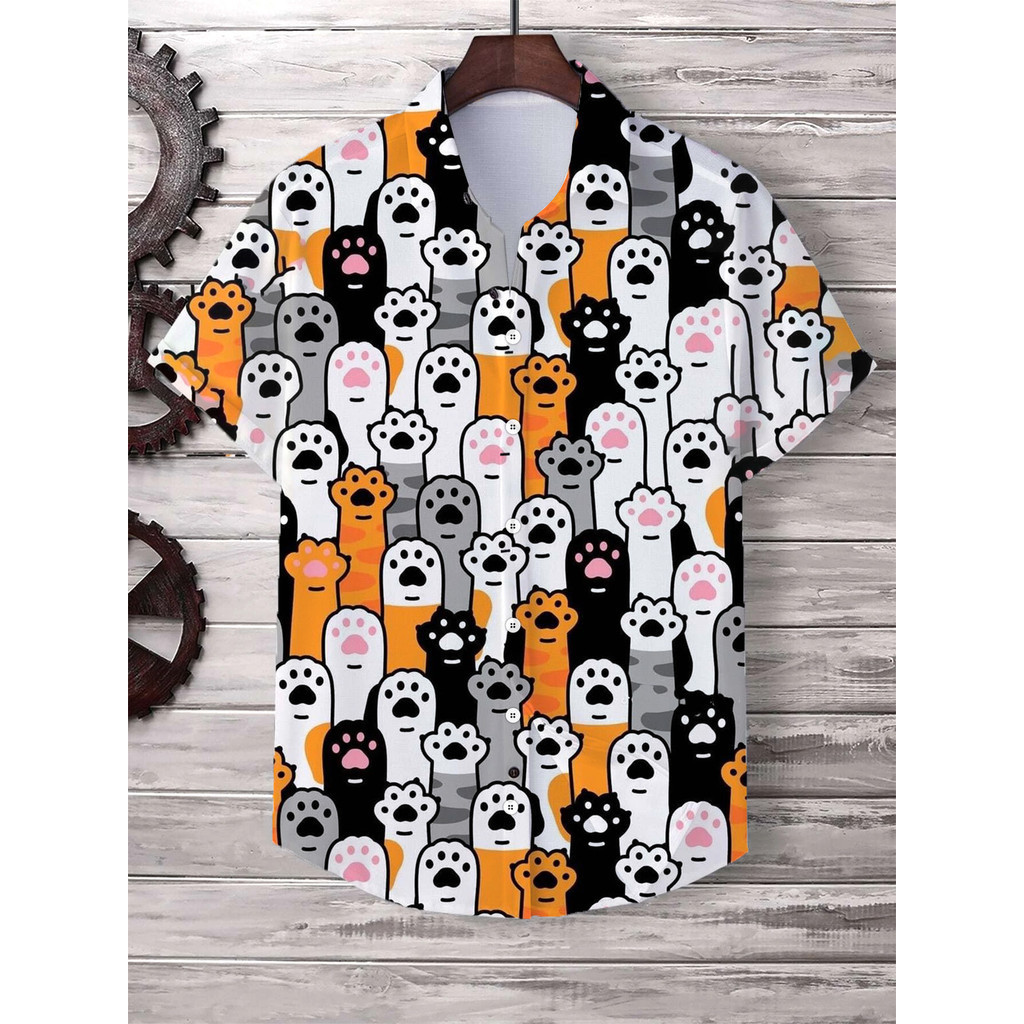 เสื้อเชิ้ตแขนสั้นลําลอง คอปก พิมพ์ลายการ์ตูนแมว 3 มิติ ขนาดใหญ่ สไตล์ฮาวาย สําหรับผู้ชาย และผู้หญิง