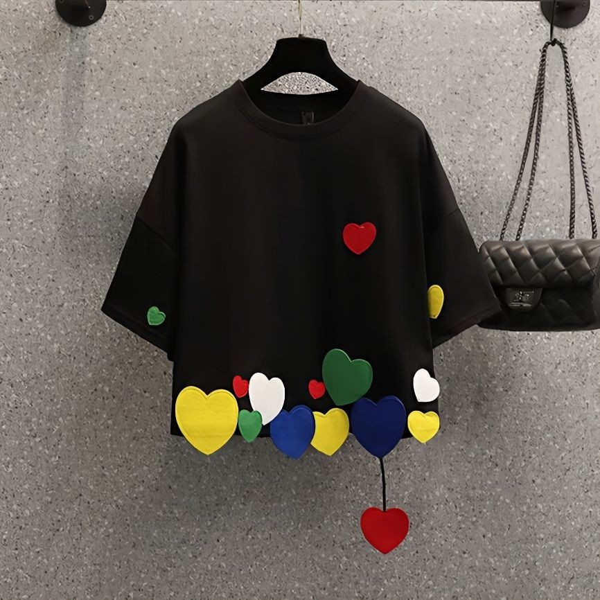 เสื้อยืด คอกลม ปักลายหัวใจ ขนาดใหญ่ สําหรับผู้หญิง