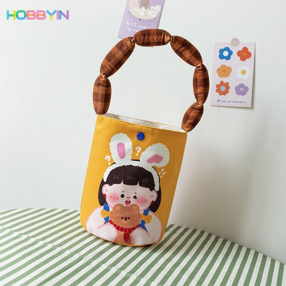 HOBBYIN กระเป๋าทรงกระบอก ผ้าแคนวาส พิมพ์ลายการ์ตูน ทรงบักเก็ต ความจุขนาดใหญ่ แบบพกพา