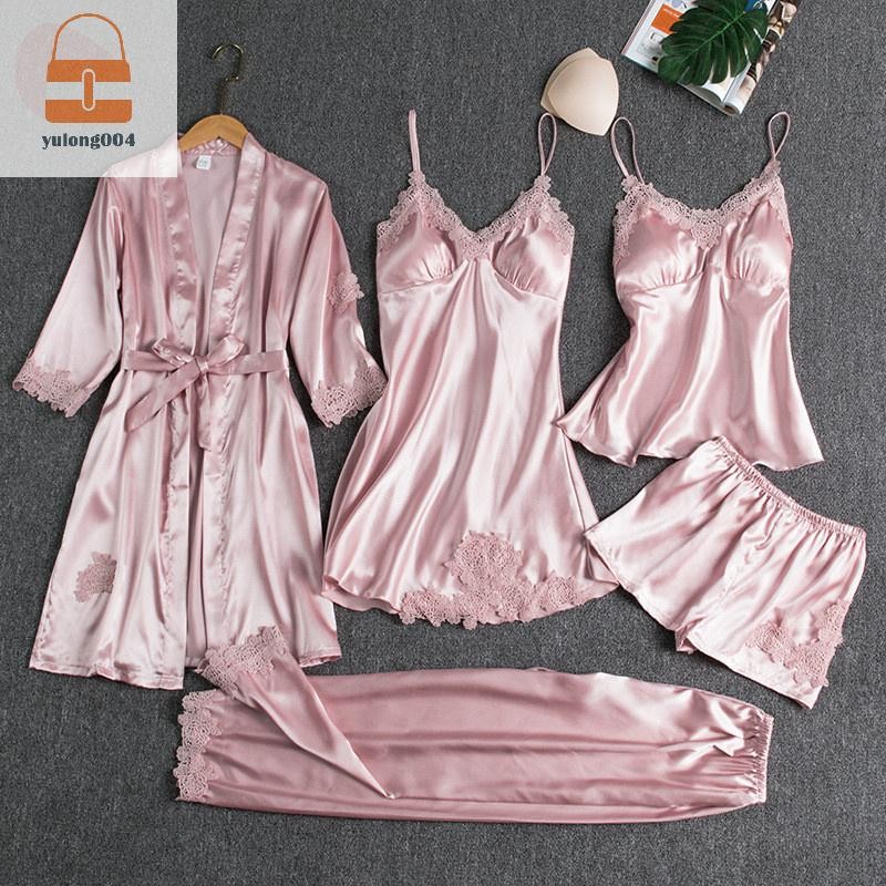 [PE] 5pc ผ้าไหม Robe Sleep ชุดสตรีลูกไม้ซาตินชุดนอนชุดนอนชุด V คอ Cami Nighties สวมใส่ Pijama บ้านชุดนอนฤดูใบไม้ผลิ Nightdress TH