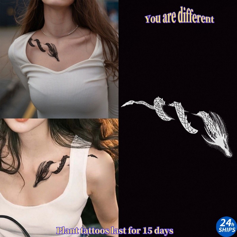 รอยสักลายมังกรสีดําเซ็กซี่สาวกระดูกไหปลาร้าพืชสักสติกเกอร์รอยสักกันน้ําติดทนนาน15วันสติกเกอร์ผิวรอยสักปลอมชั่วคราว