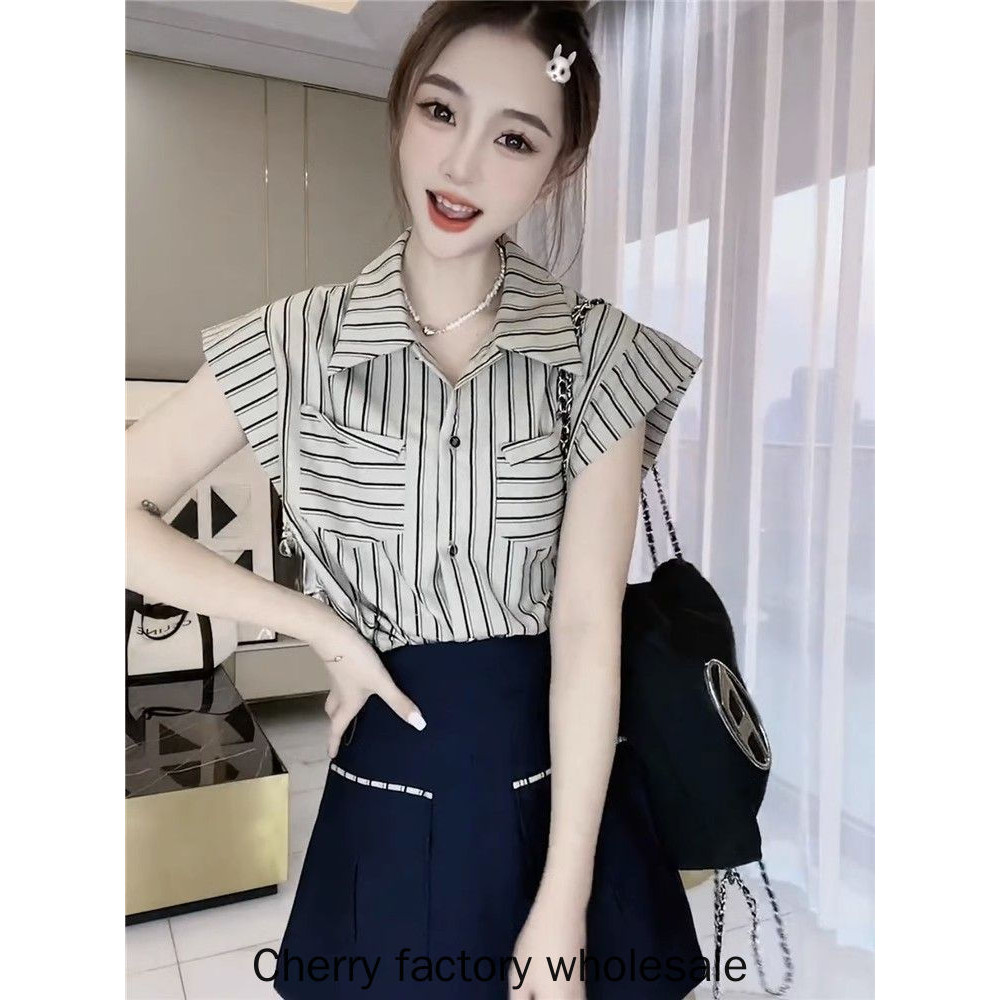 แฟชั่นใหม่ผู้หญิงบินแขนด้านบนแขนสั้นเสื้อลายเสื้อผ้า - รูปที่ 3