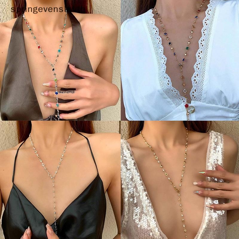 Springevensky แฟชั่นแก้วที่มีสีสันยาว Y-รูปสร้อยคอโลหะ Collarbone Chain ทองเงินสี sel สร้อยคอ Party Body เครื่องประดับใหม่